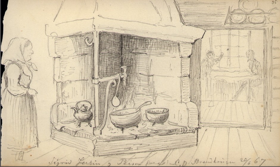 Vertinna Sigrid Jerkin i arbeid ved peisen. 20.06.1867 Foto: Tegning av Carl Fredrik Diriks